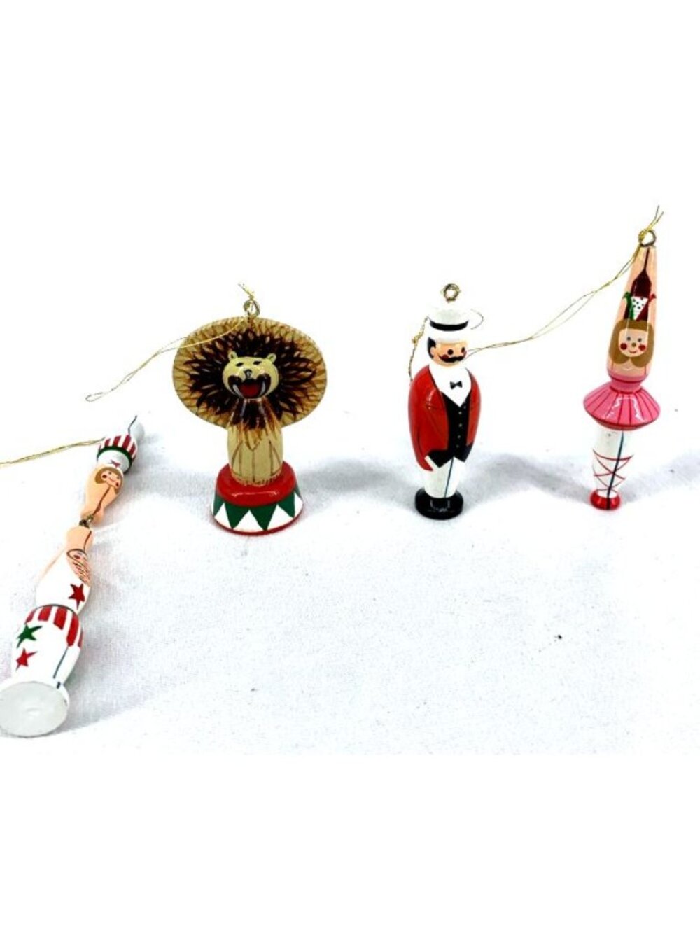 Avon Wooden Circus Ornaments Christmas Lot of 4 Acrobats Lion Ringmaster Dancer